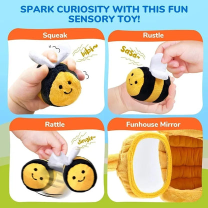 Baby Toys 6-12 Months Soft Baby Beehive with 5 Sensory Bee Rattle Mirror Crinkle Squeaker Busy Montessori Soft Toy for Toddlers