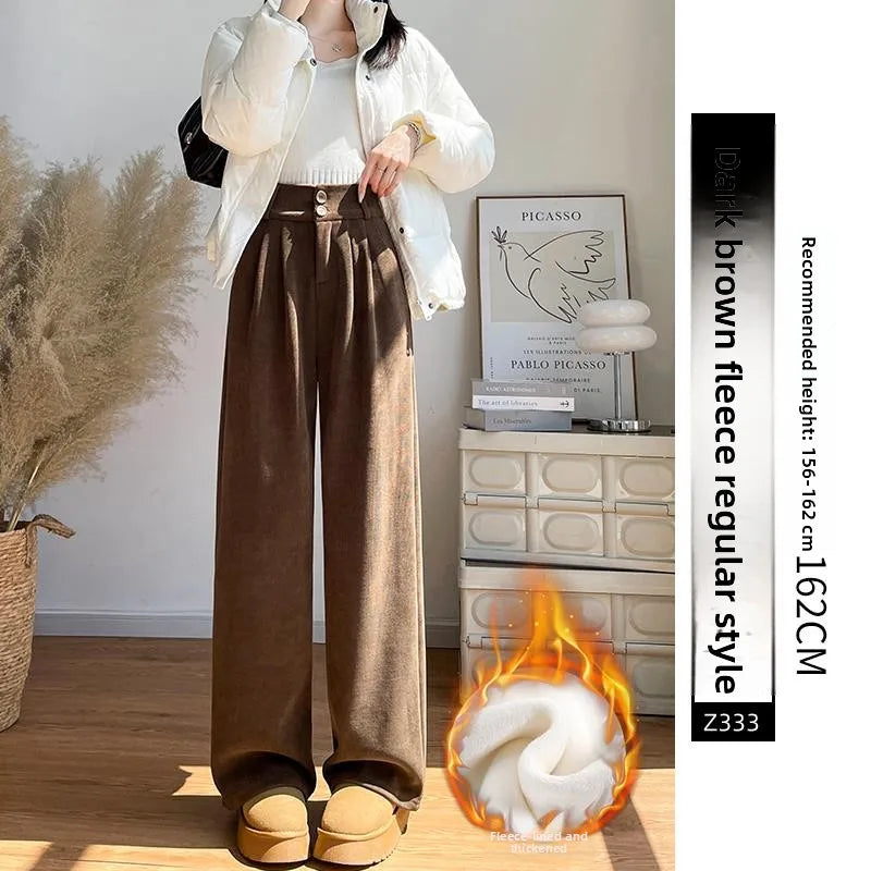 White Corduroy Wide Leg Pants Women's Autumn Winter Slim Straight Drapey Small Size Fleece Lined Suit Trousers