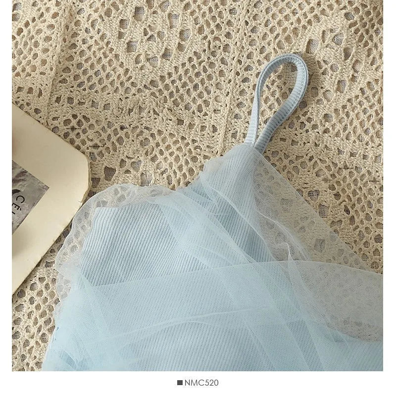Sexy Mesh Splice Crop Top Backless Design Pure Color Strap Vest for Women Trendy Slimming Short Style Summer Fashion