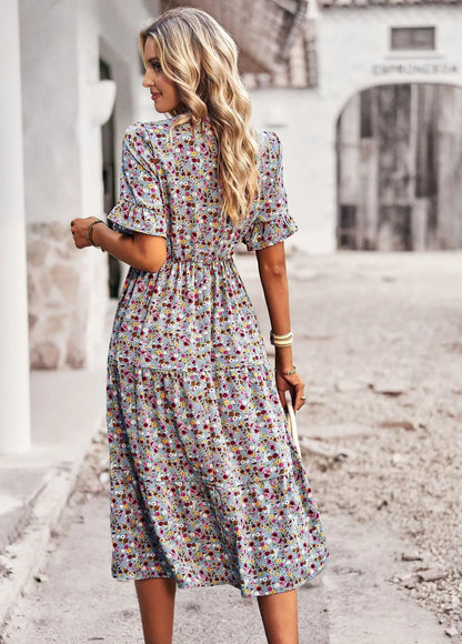 Msfilia Fashion V Neck Elegant Printed Dress Women Summer Short Sleeve High Waist A Line Floral Holiday Dresses