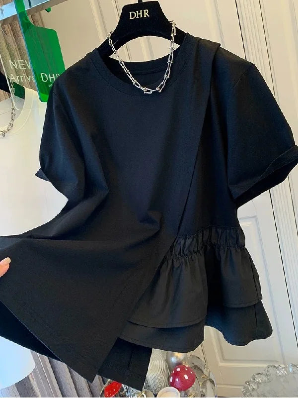 Loose Fit Pure Cotton Short Sleeve T-Shirt Women Summer Fashionable Casual Top Large Size 200 Pounds Asymmetrical Layering