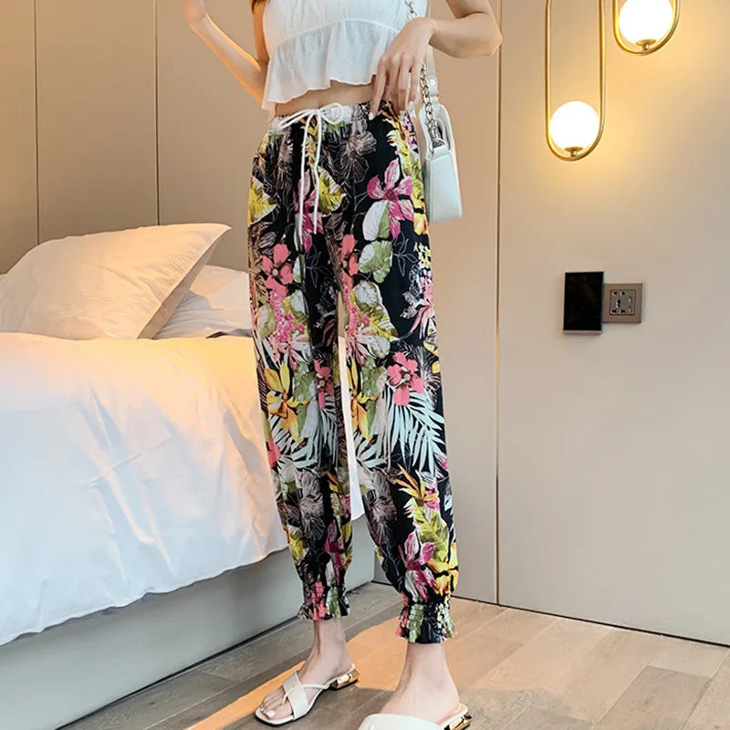 Summer Casual Loose Wide Leg Pants Women's Tie Dye Ink Ice Silk Loose Leopard Print Ethnic Style Long Pants Casual Trousers