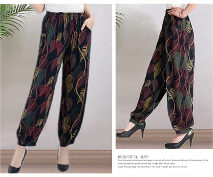 High Waist Lantern Pants Casual Cotton Silk Large Size Printed Long Trousers for Middle-Aged And Elderly Women