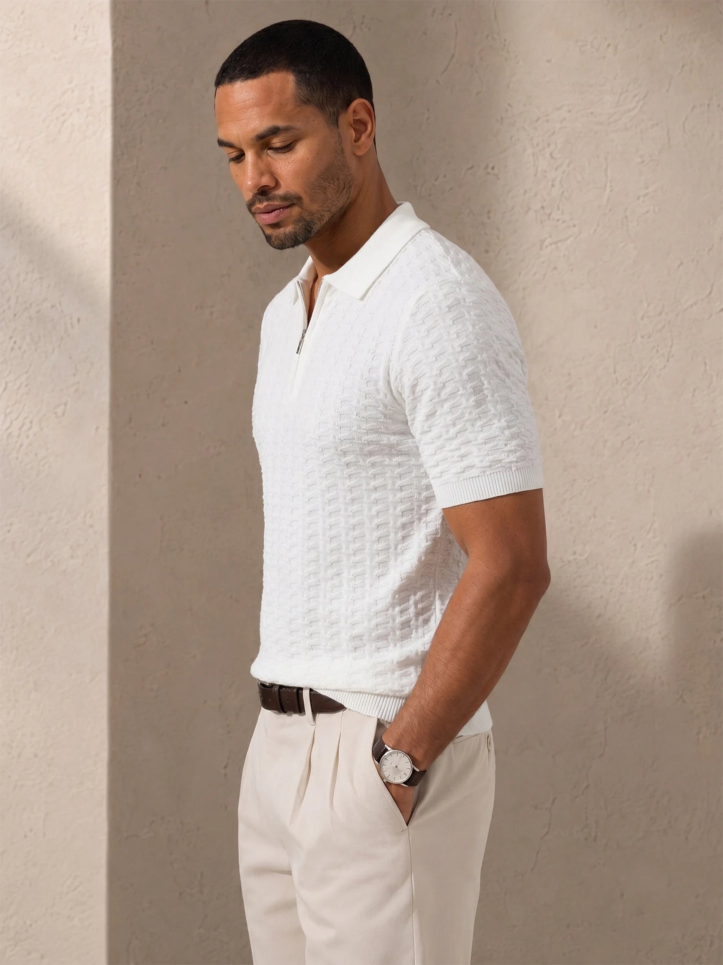 Men's Textured Knit Polo Shirt Short Sleeve Half Zip Neck Casual Business Knitted Pullover Tops