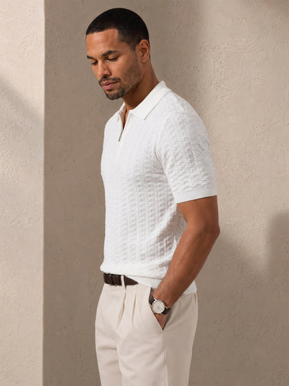Men's Textured Knit Polo Shirt Short Sleeve Half Zip Neck Casual Business Knitted Pullover Tops