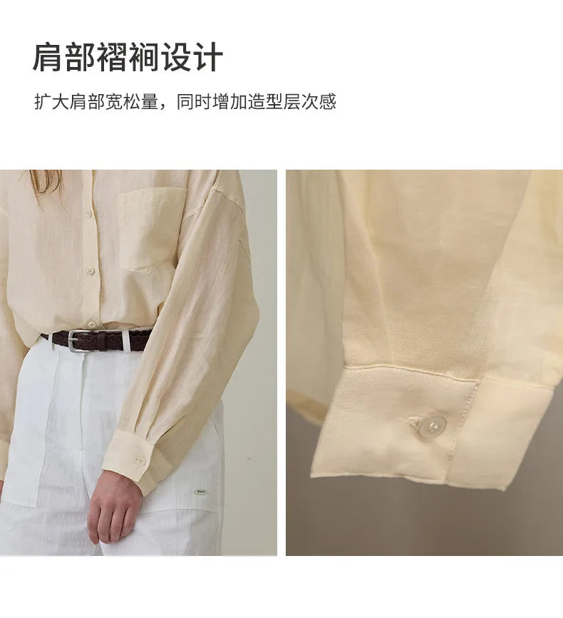 100% Ramie Thin Breathable Women Shirt Chic French Lapel Single-Breasted Cardigan Ladies Loose Simple Long-Sleeved Shirts