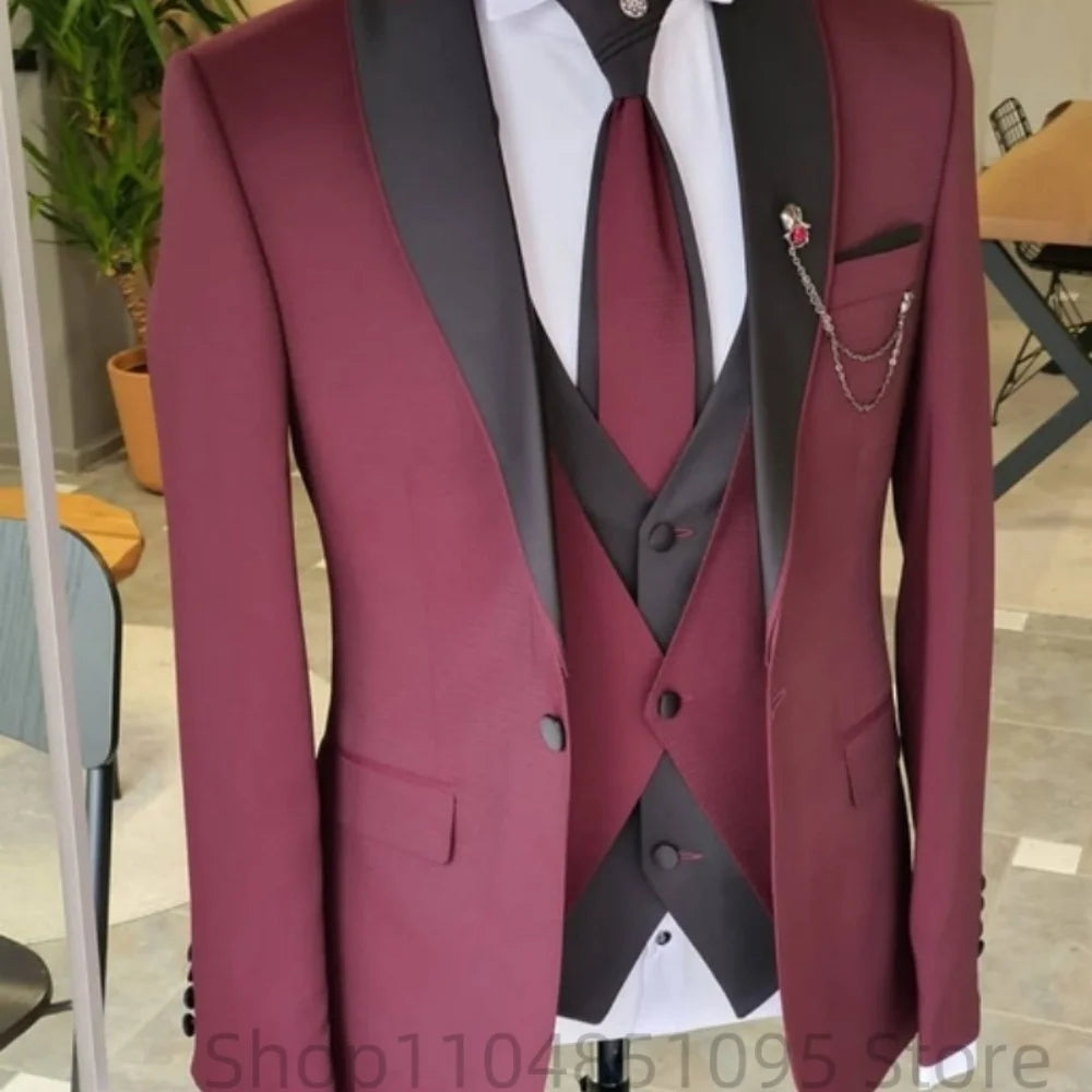 Men's Solid Slim Fit 3-Piece Business Suit Set with Blazer Vest And Pants for Wedding Party Luxury Fashion Tuxedo