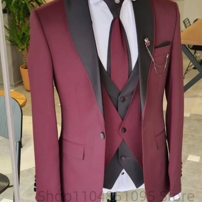 Men's Solid Slim Fit 3-Piece Business Suit Set with Blazer Vest And Pants for Wedding Party Luxury Fashion Tuxedo