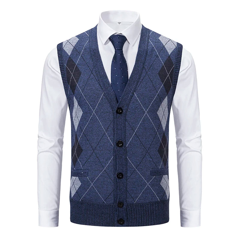 Spring Autumn Male Vest Sleeveless Sweater Fleece Warm  Knitted Jackets Checkered Business Casual Button Up Coat Men's Clothing