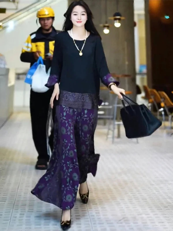 Silk Wide Leg Pants plus Size Loose Fitting Meat Covering Two Piece Set for Stylish Older Women Summer New Arrival
