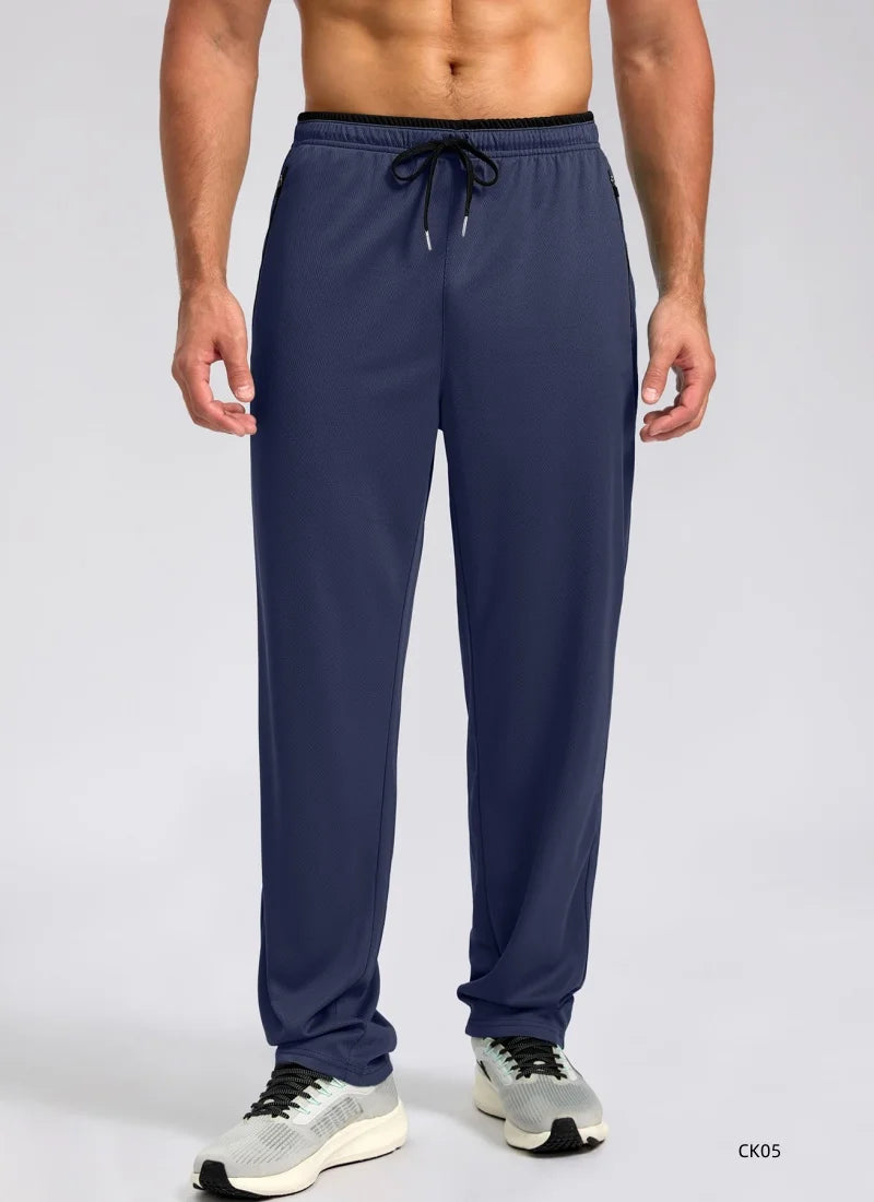 Men High Elastic Breathable Ice Cool Sports Long Pants Outdoor Quick Dry Straight Trousers Drawstring Waist Zipper Pocket Design