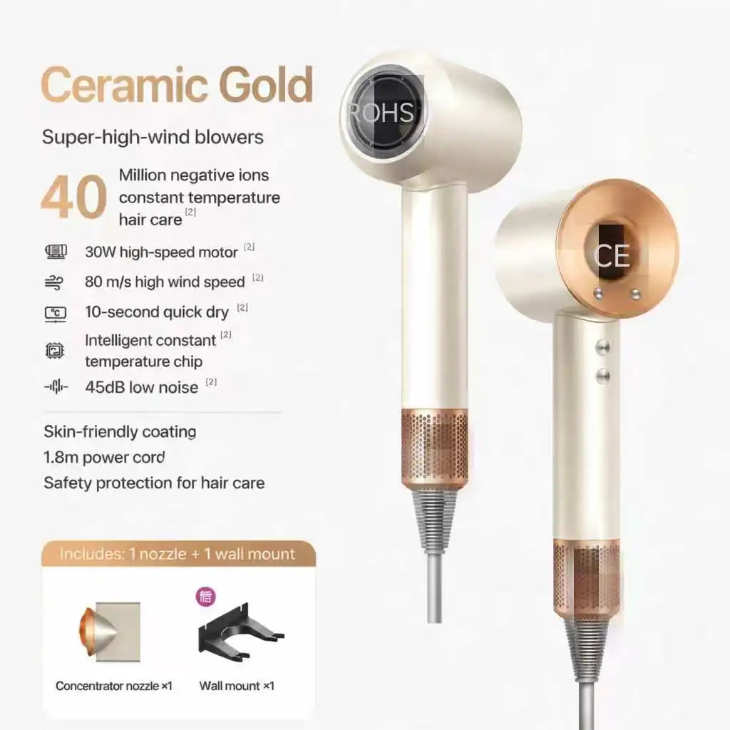 High Speed Hair Dryer 40M Negative Ions Constant Temp Fast Drying Low Noise Professional Salon Blow Dryer with Nozzles