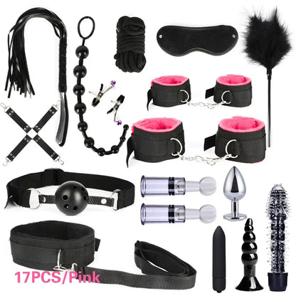Sex Products Erotic Toys for Adults BDSM Sex Bondage Set Handcuffs Nipple Clamps Gag Whip Rope Sex Toys For Couples