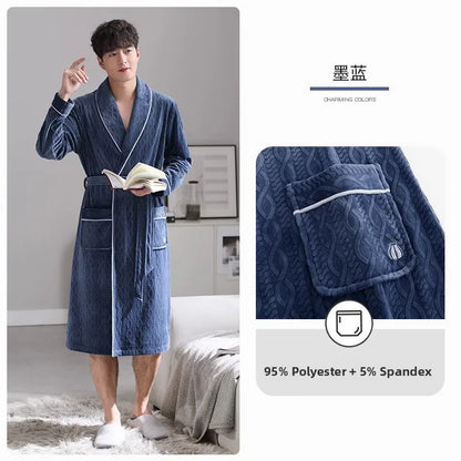 Island Velvet Thickened Coral Fleece Men's Sleepwear Autumn Winter Style Flannel Bathrobe Home Comfortable Pajamas Robe
