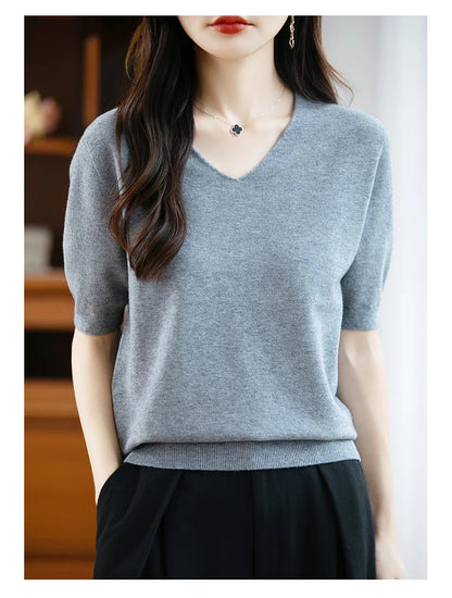 Thin Worsted Wool Short-Sleeved Women's Loose Round Neck T-shirt Printed Summer Fashion Knitted Bottoming Shirt Half-Sleeved