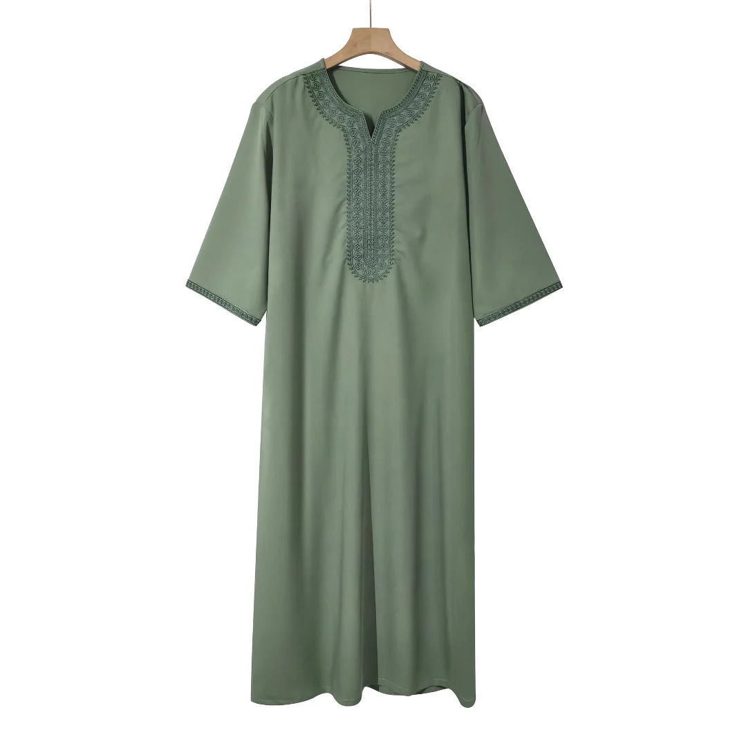 2026 Men's Moroccan Embroidered V-neck Robe Muslim Fashion Abayas with Side Pockets Arab Islamic Clothing Robe Eid Ramadan Dress