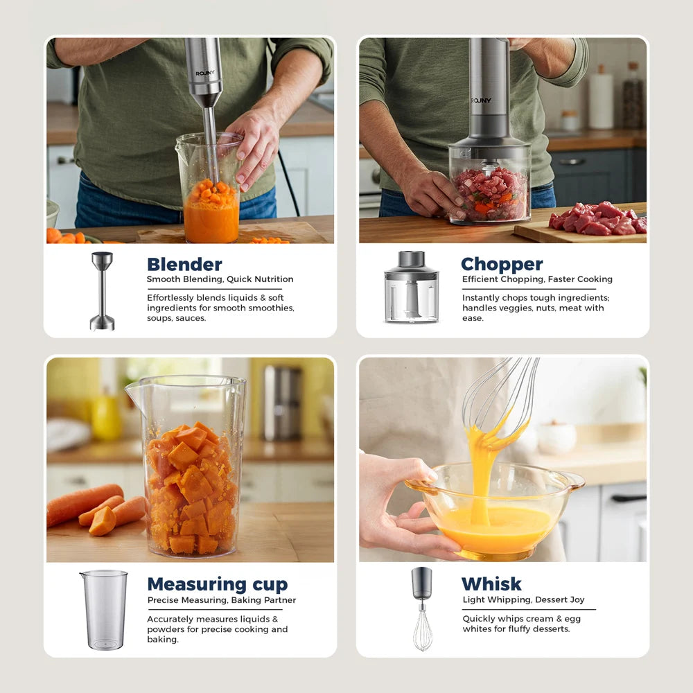 Powerful Hand Immersion Blender 1200W MAX,4-in-1 Stainless Steel Stick Food Mixer,700ml Mixing Beaker,500ml Processor,Whisk
