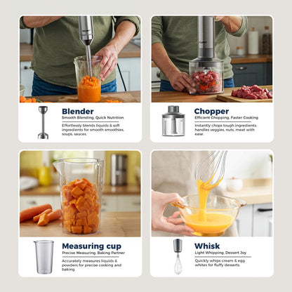 Powerful Hand Immersion Blender 1200W MAX,4-in-1 Stainless Steel Stick Food Mixer,700ml Mixing Beaker,500ml Processor,Whisk