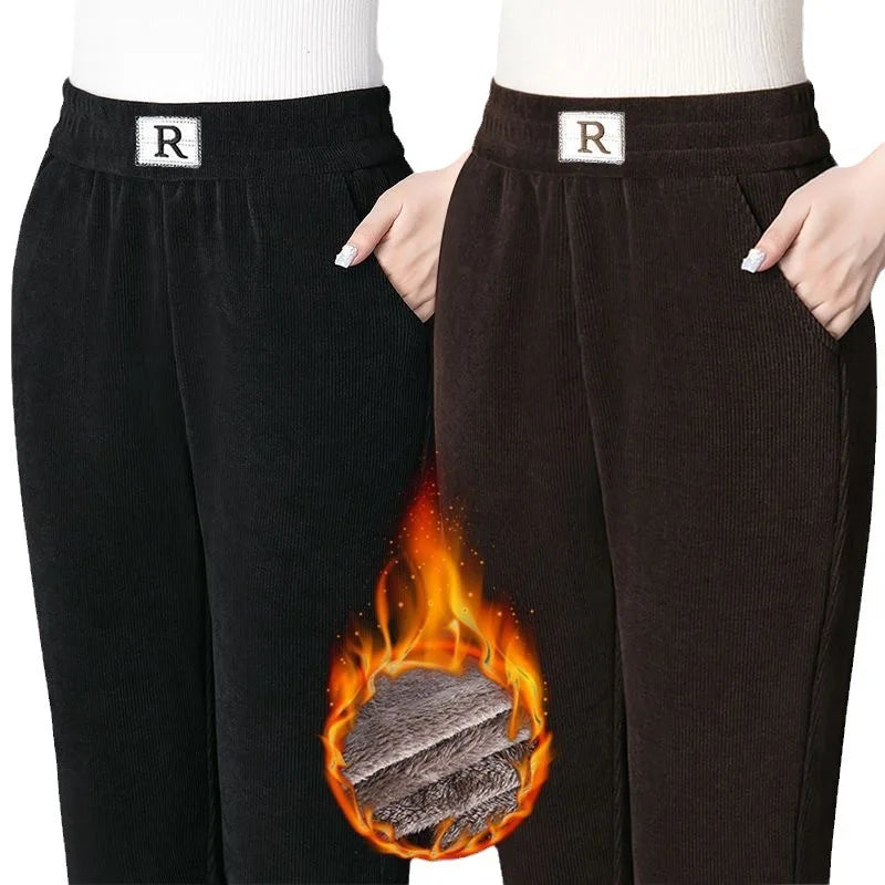 Autumn Winter Thickened Fleece Harlan Pants Women's Loose Casual Straight Leg Pants with Pockets Polyester Fiber Long Trousers