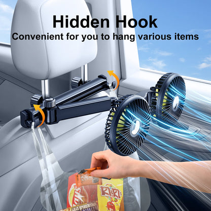 Eary Summer Car Back Seat Fan Headrest Dual Head Fan With 3 Speeds Extension Arm Adjustable With 2 Hidden Hooks Fan For Your Car