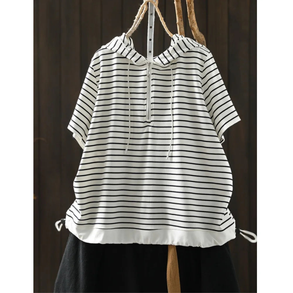 Short-sleeve Women T-shirt Summer 2026 Stylish New Trendy Loose Striped T-shirt ZF2132