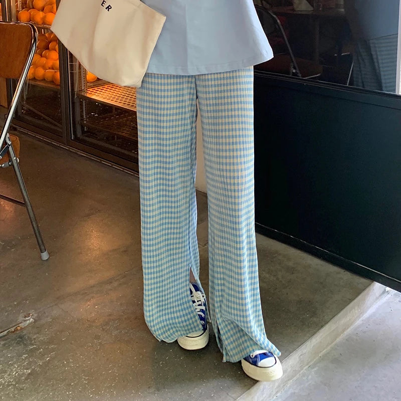 Summer Thin High Waist Casual Wide Leg Pants Women's Folded Texture Split Trousers Cool Korean Style Commute Polyester Cotton
