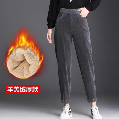 Autumn Winter Thiened Women's Casual Pants Lamb Velvet Harem Pants High Waist Straight Legged Fce Lined Mom Jeans Corduroy