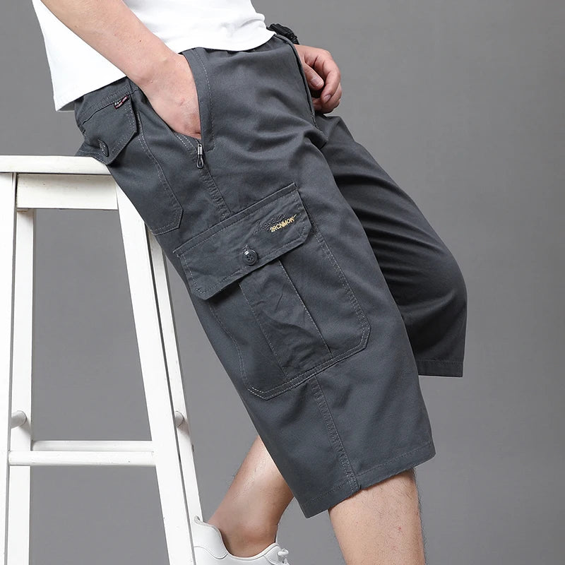 Summer Zipper Pocket Workwear Shorts Mens Knee Cargo Pants 2026 Cotton Shorts Men Climbing Jogger Elastic Waist Sports Work Wear