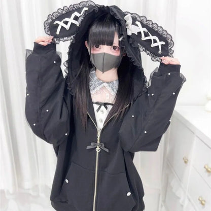 Long Sleeve Strapped Rabbit Ear Hoodie Thick Warm Lolita JK Cardigans Women Y2K Ladies Top Winter Autumn Lace Bow Coats Female