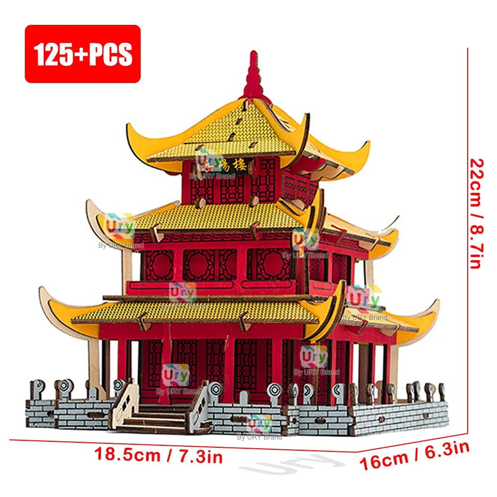 Ury 3D Wooden House Colorful Chinese Traditional Puzzle Building DIY Model Game Assembly Desktop Toy Gift for Adult