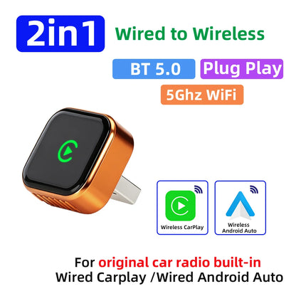 CarPlay Wireless Orange Adapter 2026 New Plug & Play Auto Connect No Delay Converts Wired to Wireless iPhone & Android