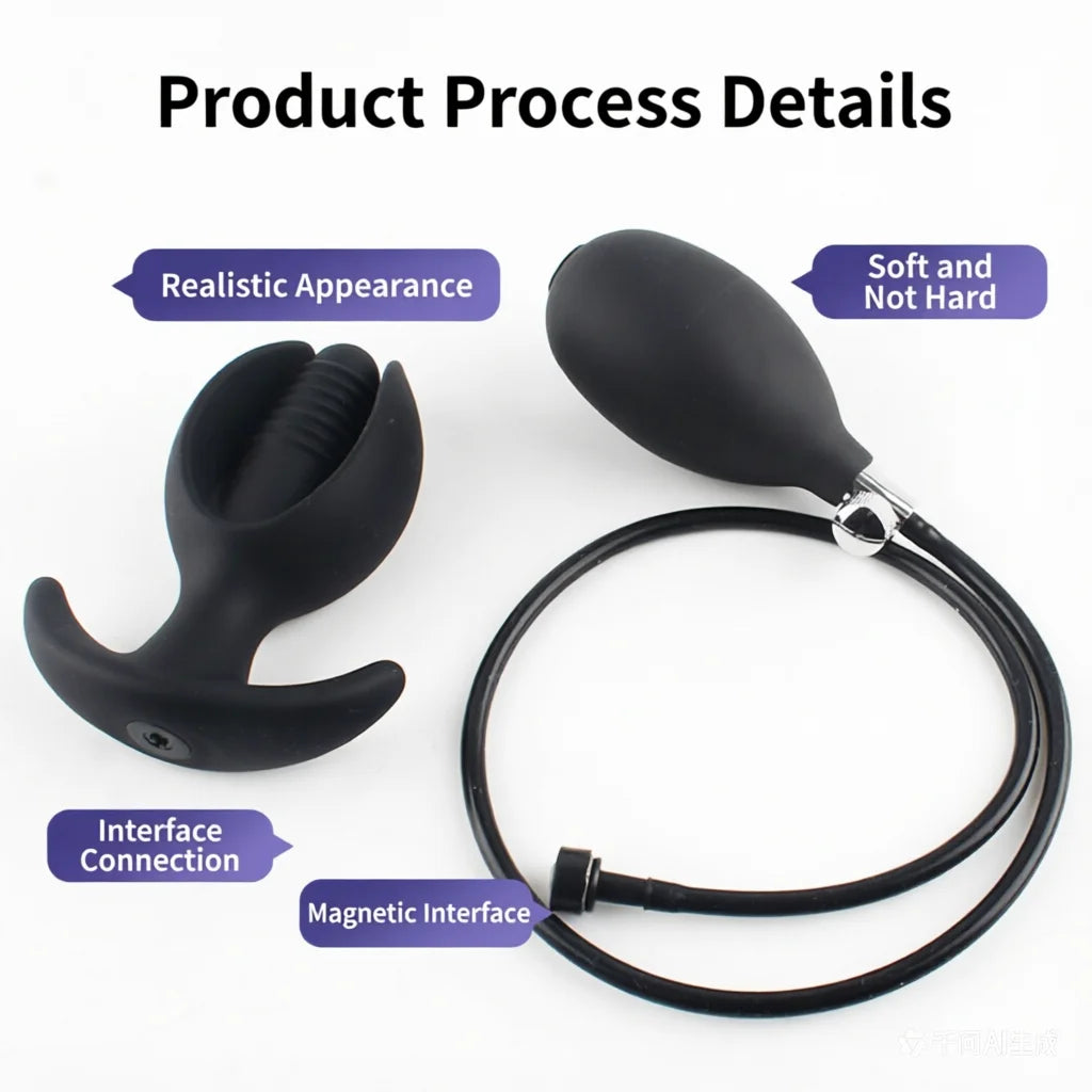 Silicone Magnetic Inflatable Butt Plug with Pump - Black Expandable Anal Stretcher, Prostate Massager Sex Toy for Men Women
