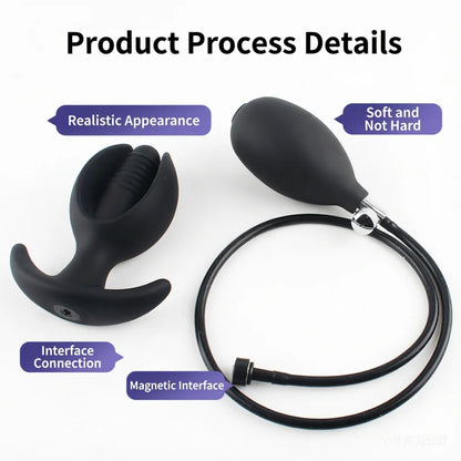 Silicone Magnetic Inflatable Butt Plug with Pump - Black Expandable Anal Stretcher, Prostate Massager Sex Toy for Men Women