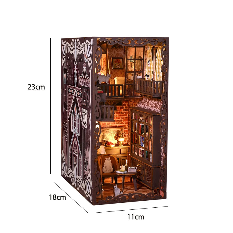 DIY Book Nook Kit Bookend Kit Wooden Doll House Bookshelf Insert Decor With Warm Light 3D Puzzle Assembly Building Model Gifts