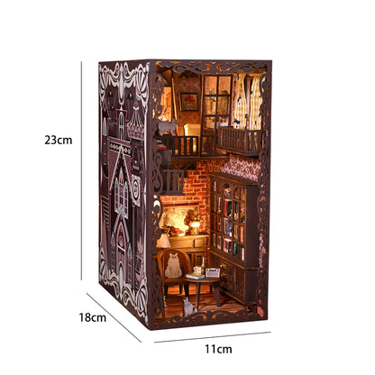 DIY Book Nook Kit Bookend Kit Wooden Doll House Bookshelf Insert Decor With Warm Light 3D Puzzle Assembly Building Model Gifts
