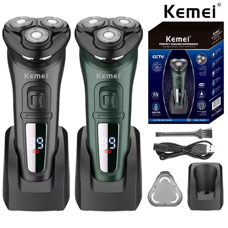 Kemei LCD Dislay Waterproof Electric Shaver For Men Wet Dry Neck Beard Electric Razor Facial Shaving Machine Rechargeable