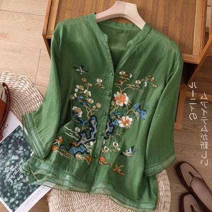 Large Size Mom Embroidered irt Women's Spring New Cotton Linen irt High End f Sve Seven Sve Women's Top