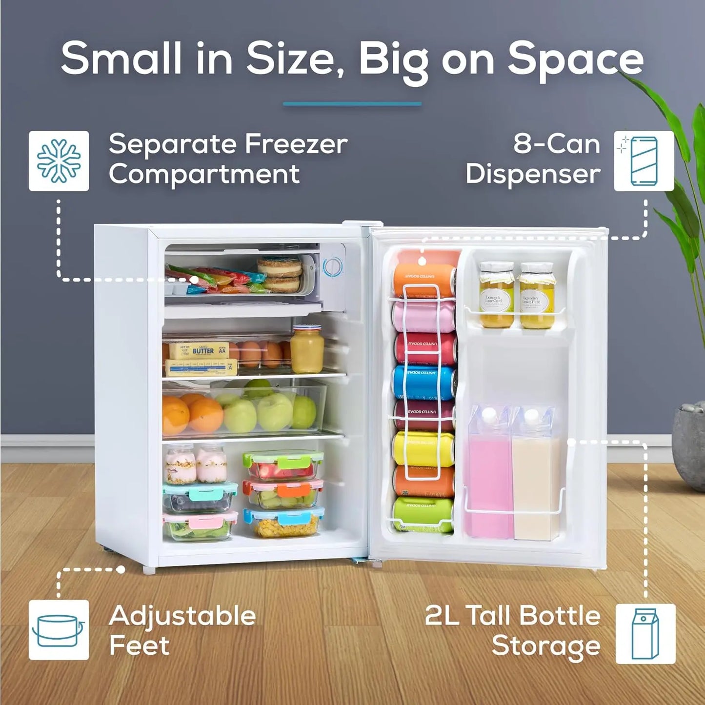 2.6 Cu.Ft Mini Fridge with Freezer- Single Door Compact Refrigerator with Glass Shelves for Homes