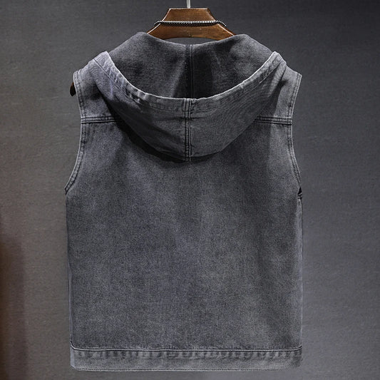 New Men's Loose Workwear Denim Vest with Hood Sleeveless Everyday Versatile Shoulder Pad Jacket Casual Unisex Outerwear