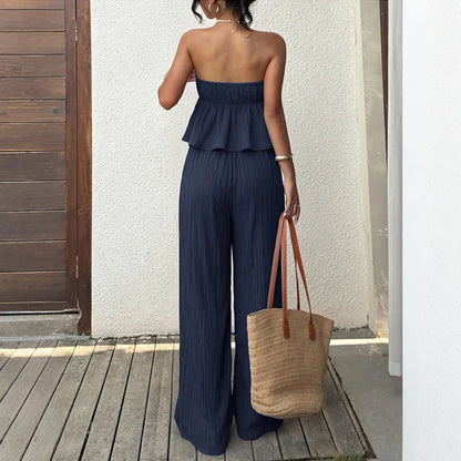 Women's 2 Piece Outfits Summer Strapless Top and Wide Leg Pants Set Textured Pleated Lounge Set Vacation Beach Wear 2026