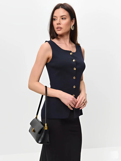 New Women's Tank Top Clothes Women's Fashion Gold Button Embellished Knit Undershirt