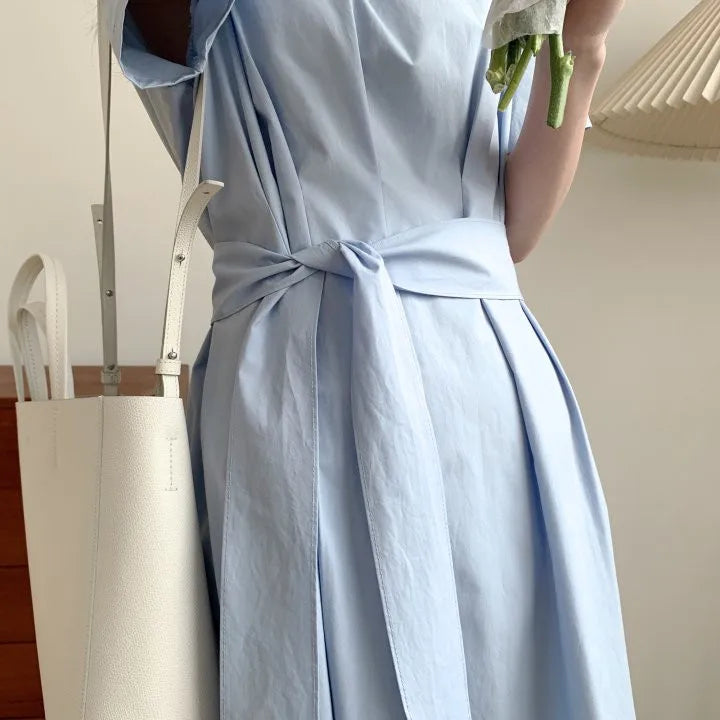 Elegant Pure Color Slim Fit Dress with Belt High Waist Spring Summer Autumn Short Sleeve Casual High Waist Skirt