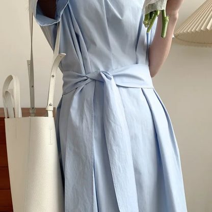 Elegant Pure Color Slim Fit Dress with Belt High Waist Spring Summer Autumn Short Sleeve Casual High Waist Skirt