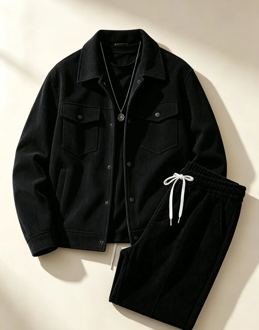 Men's Corduroy Jacket And Pants Set Solid Color Fashionable Casual Outfit for Shopping Spring/Autumn Wear