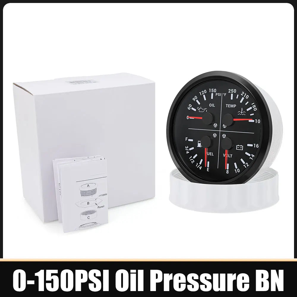 110mm 4 In 1 Gauge 0-150PSI / 0-10BAR Oil Pressure Gauge Water Temperature Fuel Level Voltmeter Light Alarm for Car Boat Yacht