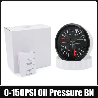 110mm 4 In 1 Gauge 0-150PSI / 0-10BAR Oil Pressure Gauge Water Temperature Fuel Level Voltmeter Light Alarm for Car Boat Yacht
