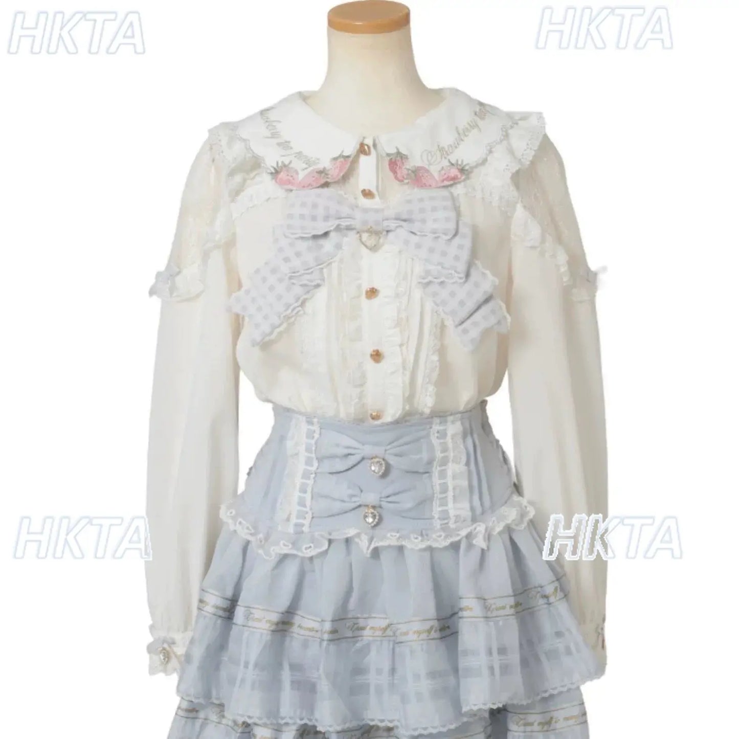 Japanese Mass Produced New Sweet Doll Collar Lolita Strawberry White Shirt Female 2026 Spring Pleated Lace Bow Blouses Top Women