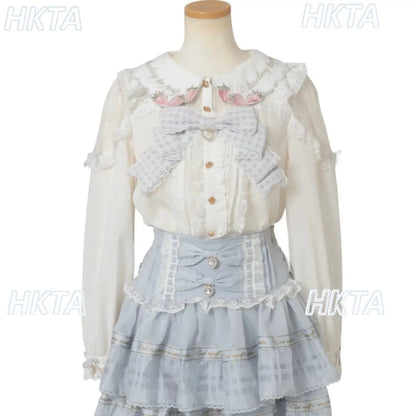 Japanese Mass Produced New Sweet Doll Collar Lolita Strawberry White Shirt Female 2026 Spring Pleated Lace Bow Blouses Top Women