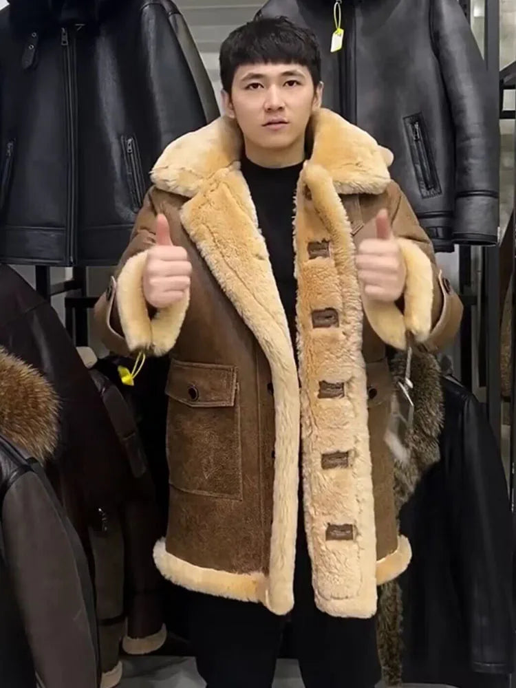 2024 Men's Winter Overcoat Genuine Sheepskin Shearling Leather Long Jacket for Male witth a Hood Thick Wool Liner Oversize 62 64