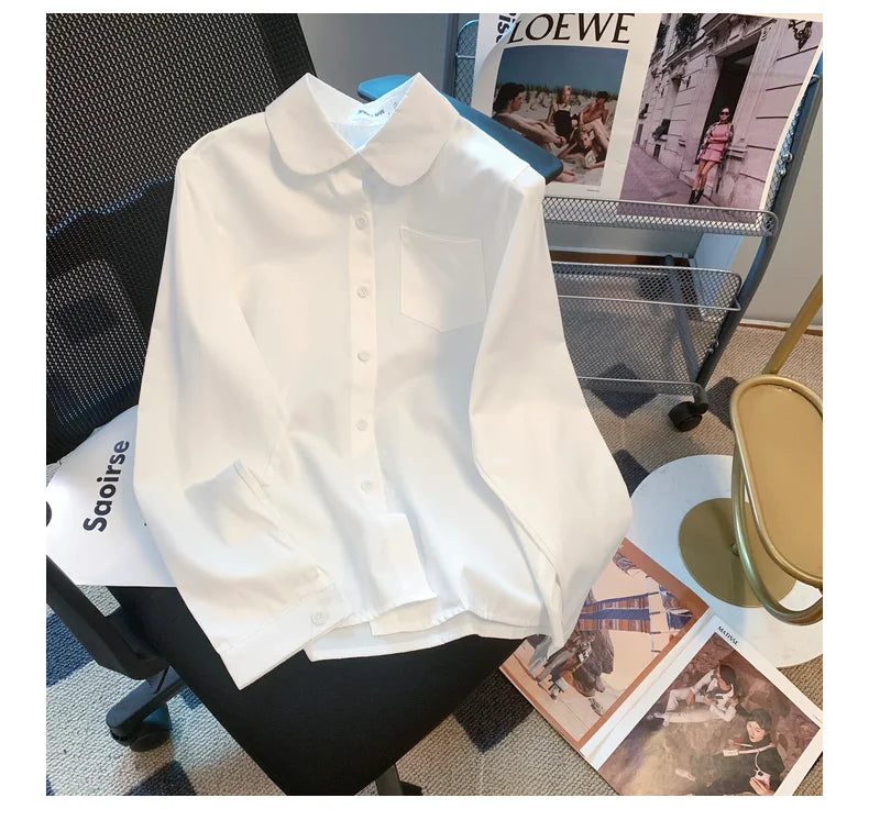 White round Neck Long Sleeve Basic Style Women's Shirt Jk Uniform Loose Fit Inner Wear Base Layer Sweet College Style Polyester